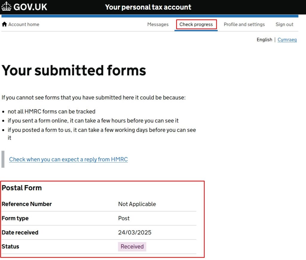 screenshot of HMRC's form tracking tool